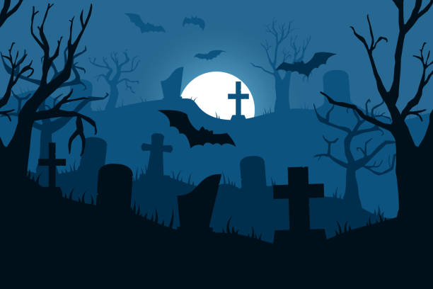 Spooky graveyard background. Halloween night. Comic and creepy hills with pumpkins. Scary landscape. Cemetery tombstones. Flying bats. Tree silhouettes. Vector cartoon garish illustration Spooky graveyard background. Horror Halloween night. Comic and creepy hills with pumpkins. Scary landscape. Cemetery tombstones. Flying bats. Dry tree silhouettes. Vector cartoon garish illustration crypt stock illustrations