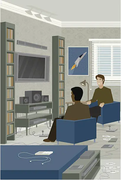 Vector illustration of Two Men Sitting in Front of Home Entertainment Center