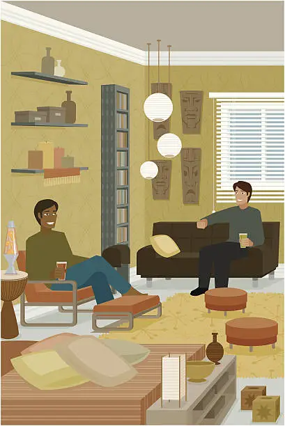 Vector illustration of Two Men Sitting on Couches in Interior Decorated House