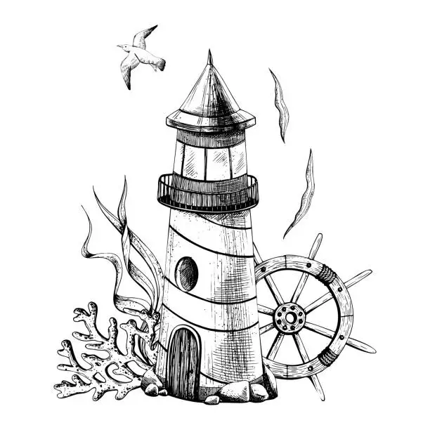 Vector illustration of Lighthouse with corals, algae, a rudder and a flying seagull isolated object on a white background, hand-drawn in a graphic. Vector, marine composition, in EPS format. For poster, postcard, print