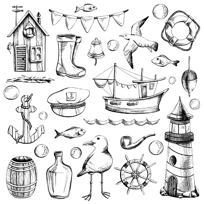 istock Nautical set of illustrations isolated on a white background of a lighthouse, a boat, a fisherman's house, seagulls, an anchor, a helm and a lifebuoy, hand-drawn in a graphic. EPS vector illustration. 1479383693