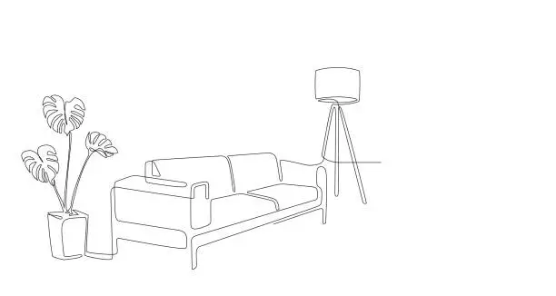 Vector illustration of Continuous line interior with sofa, plan and floor lamp. One line drawing of Living room with modern furniture editable stroke. Single line. Handdraw contour. Monstera Flower in pot. Doodle vector