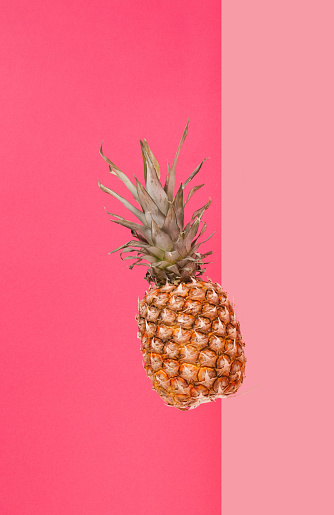 Ripe pineapple standing against a pastel pink and vibrant pink divided background. Minimalistic creative fruit concept. Vertical frame.
