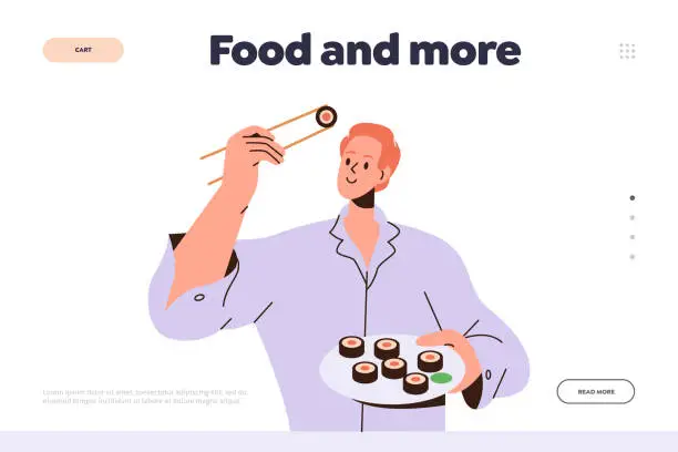 Vector illustration of Food and more landing page design template with cartoon man character eating sushi with chopstick