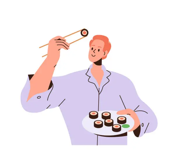 Vector illustration of Happy young man character eating Japanese sushi Asian food using chopstick having tasty lunch