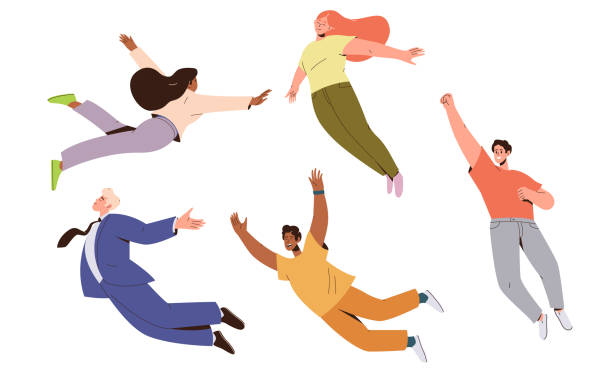 ilustrações de stock, clip art, desenhos animados e ícones de set of people flying, floating or levitating in air feeling happy and free vector illustration - men businessman jumping levitation