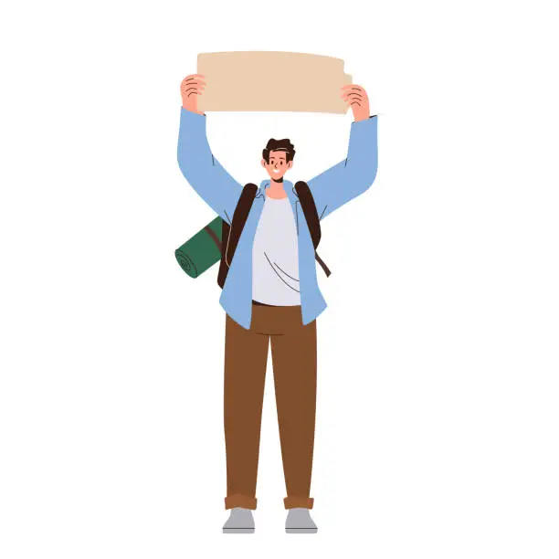 Vector illustration of Young man traveler hitchhiker character standing with empty blank poster in hand isolated on white