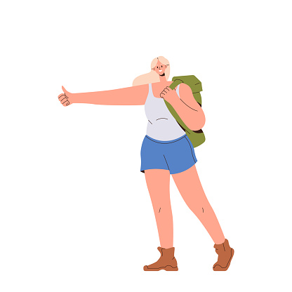 Young woman hitchhiker character standing and waving hand trying to stop car for traveling vector illustration isolated on white background. Body language, trip enjoyment and hitchhiking concept