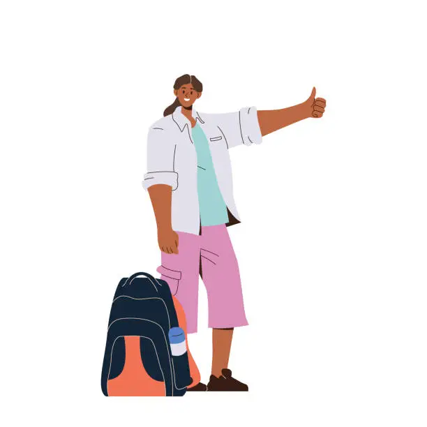 Vector illustration of Young woman traveler raising hand with thumbsup gesture sign to stop transport for journey