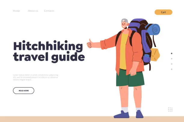 Vector illustration of Hitchhiking travel guide landing page design template with happy cartoon male tourist backpacker