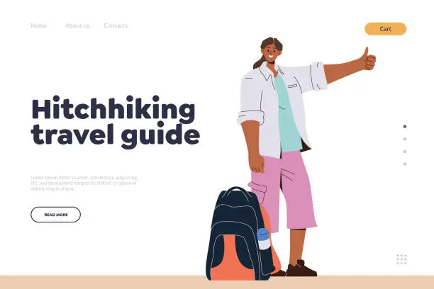 Vector illustration of Young woman going on vacation by hitchhiking cartoon, landing page with guide and tips for travel