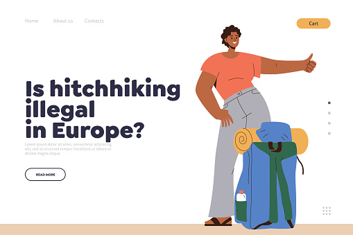 Legality and accessibility of hitchhiking in Europe concept. Landing page design template. Cartoon happy young woman backpacker female traveler character stopping car for trip and place destination
