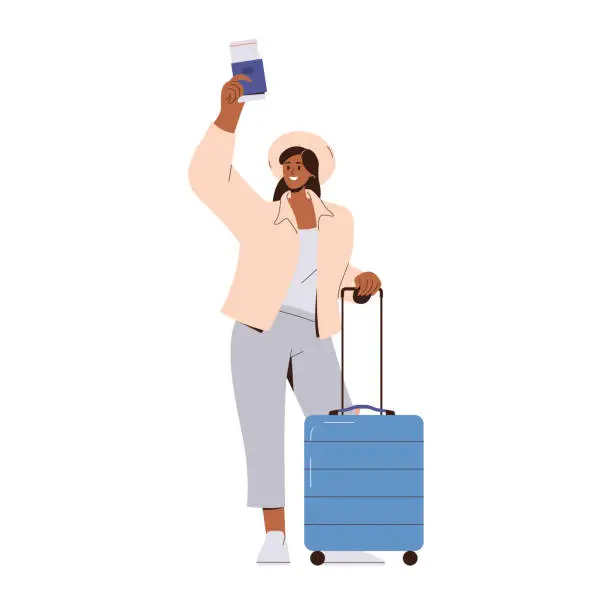 Vector illustration of Happy woman tourist character with suitcase waving passport ready for travel and adventure