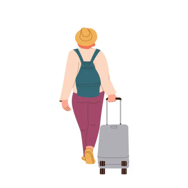 Vector illustration of Woman tourist cartoon character walking with suitcase luggage view from back, travel concept