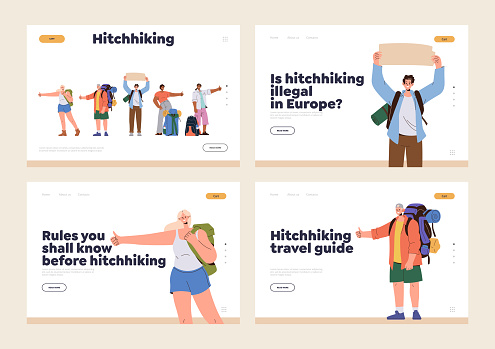 Set of landing page design template giving information about travel by hitchhiking for young people tourist. Website layout for backpacker adventurer enjoying road trip and journey by autostop
