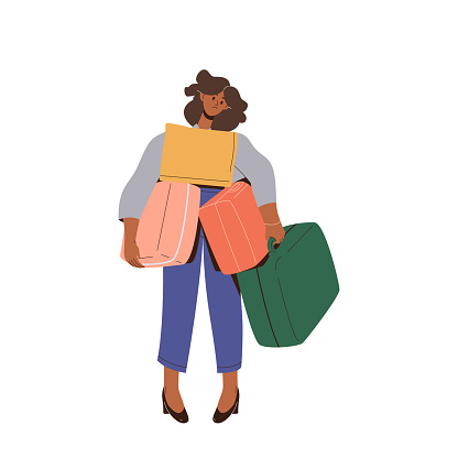 Single sad unhappy woman tourist character holding heavy suitcases isolated on white. Funny female traveler trying to carry all her luggage vector illustration. Too much baggage for travel concept