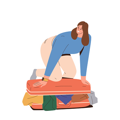 Young woman tourist character sitting on big suitcase overloaded with clothes and belongings trying to close bag vector illustration. Travel preparation, trip and summer vacation luggage concept