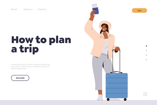 How to plan trip landing page design template. Cartoon happy young woman tourist with travel ticket and suitcase vector illustration. Website online service with tips and advice guide for travelling