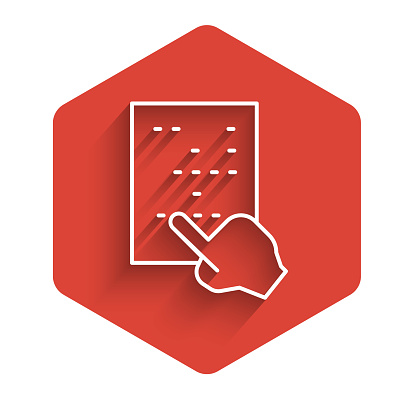 White line Braille icon isolated with long shadow. Finger drives on points. Writing signs system for blind or visually impaired people. Red hexagon button. Vector.