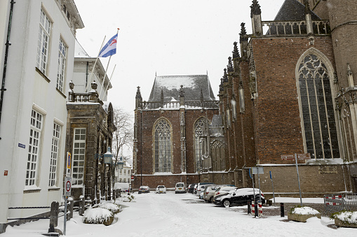 Zutphen, Netherlands – February 08, 2021: Walburgiskerk facade and exterior of historic church and former municipal building