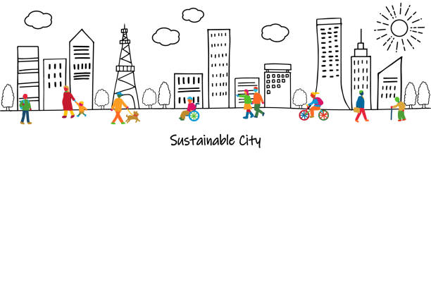 ręczne rysowanie zrównoważonego miasta i sdgs koloruj sylwetki ludzi ilustracja - one way obrazy stock illustrations