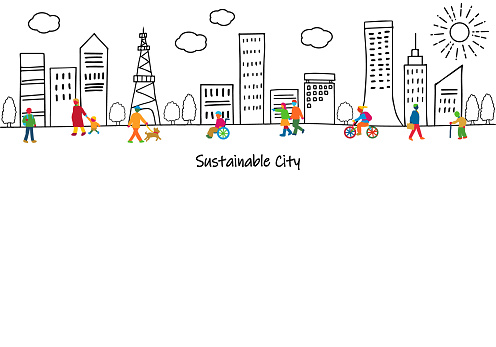 hand drawing sustainable city and SDGs color diversity people silhouette illustration, vector