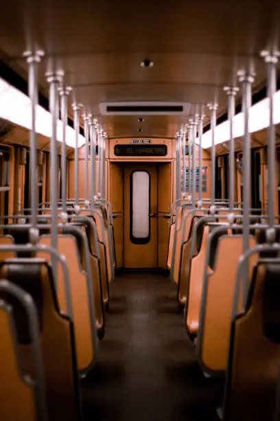 The empty brown seats in the subway in Brussels,Belgium