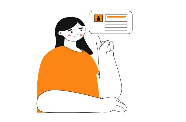 Vector illustration of Woman pointing finger to the right with happy expression. Girl pointing at profile.