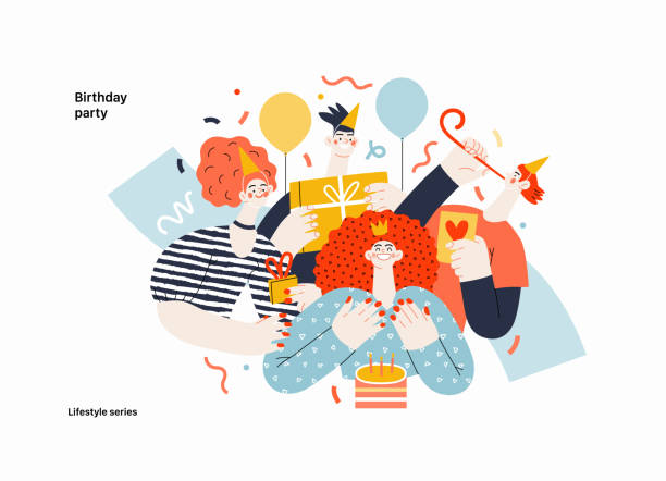 Lifestyle vector illustration series Lifestyle series - Birthday party - modern flat vector illustration of men and women celebrating birthday, giving presents. People activities concept happy birthday best friend stock illustrations