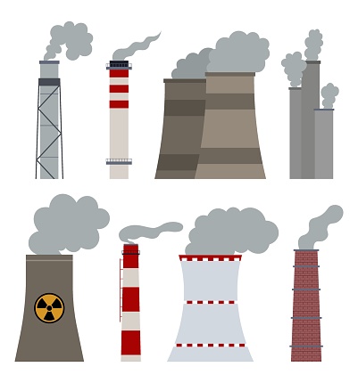Factory Chimney Collection. Industrial Pipes. Ecology Problem Vector Illustration In A Flat Style