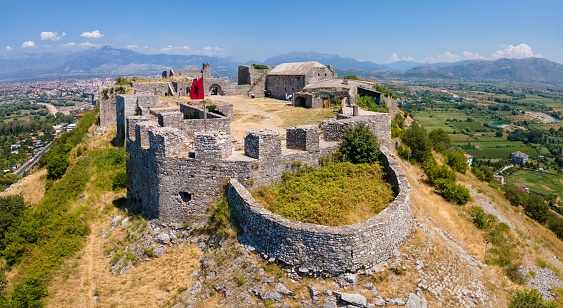 An aerial view of the ruins of the Rozafa Castle located in the city of Shkoder in Albania
