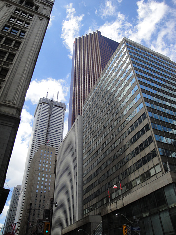 The Scotia Plaza Tower and The First Canadian Place are remarkable buildings of the Toronto skyline. A view from King Street, 2010. One in revision.