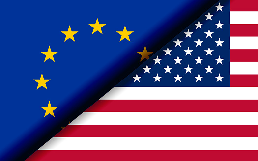 An illustration of flags of the EU and United States divided diagonally