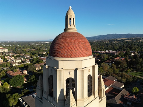 An aerial view of the iconic Hoover Tower in Stanford, California, USA