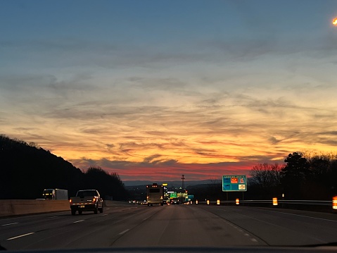 Sunset above the highway with bright beautiful colors above the Interstate outside of chattanooga, Tn.