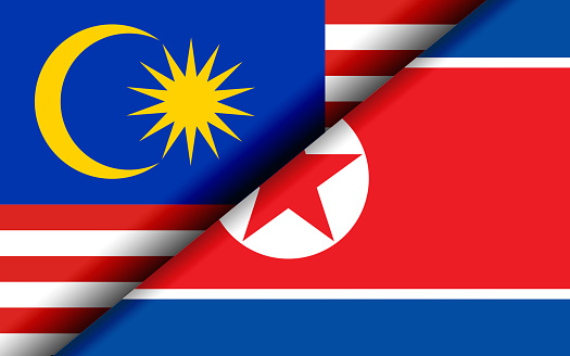 A 3D rendering of flags of Malaysia and North Korea divided diagonally