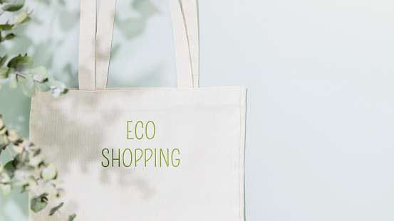 Sustainable shopping, buying or sales concept. Eco friendly still life with white textile shopping bag with text Eco shopping on blue background with plant shadows. Flat lay, copy space