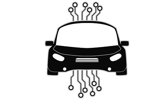 A black silhouette of an autonomous car with the signal circuit isolated on white