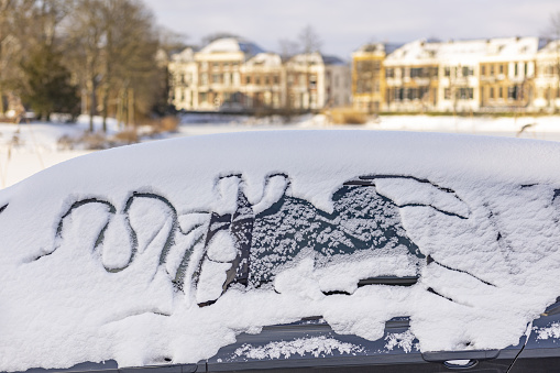 Scribble drawing of a horse in the snow on a car with mansions in the sun in the background