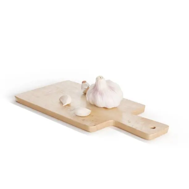 A closeup of a cutting board with garlic on it, 3d rendering