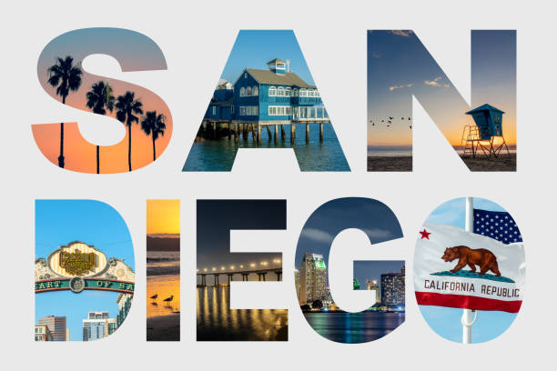 白い背景にサンディエゴの文字、象徴的なランドマークの写真のコラージュ - coronado bay bridge san diego california skyline california ストックフォトと画像