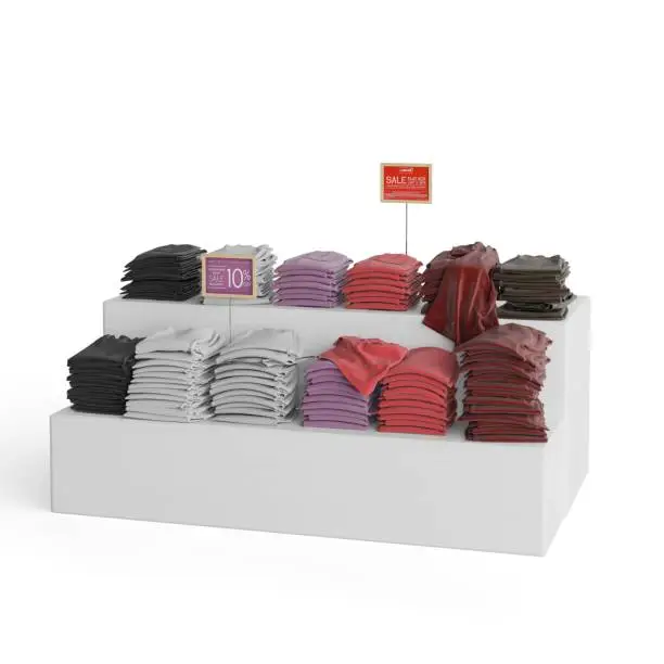 3D render of store display case with clothing & price sign