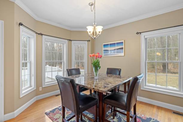 istock Dining room with a table and leather chairs with marble top 1479413851