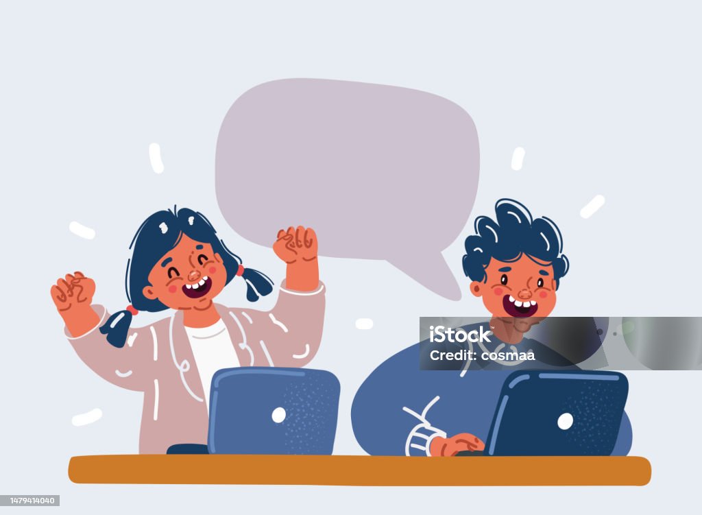 Vector Illustration Of Young Students Using Laptops In Class Speech ...