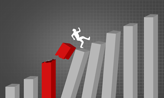 An illustration of a human figure running up the graph chart with a red broken column in it