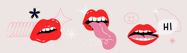 stockillustraties, clipart, cartoons en iconen met geometric vector object illustration with different female emotional lips in a cartoon style - tong uitsteken