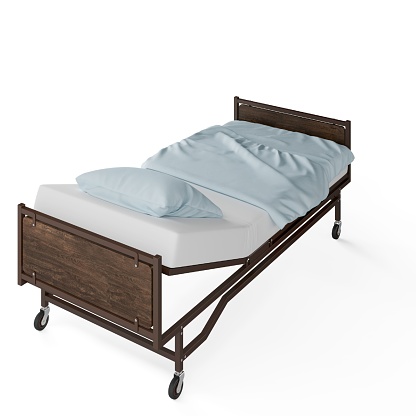 3D rendering of hospital bed with bedside table and pillow