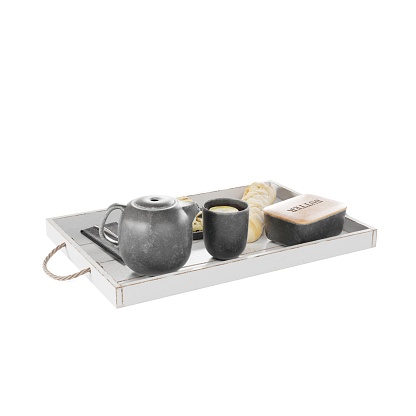 Two dishes and mugs on tray, 3D rendering, closeup view