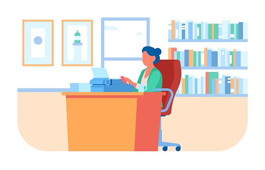 Writer works in her office on typewriter. Woman sitting in an armchair behind wooden desk with stack of papers. Author typing text. Editor and copywriter. Secretary job. Writing novel. Vector concept