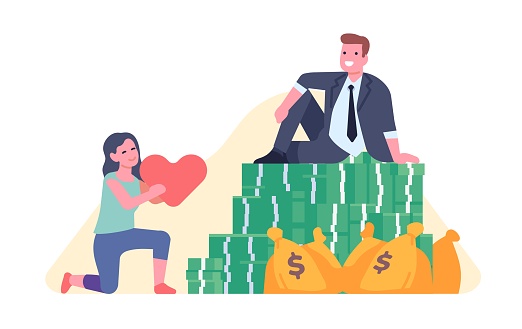 Girl gives her heart to rich man. Declaration of love. Banknotes stacks and money bags. Wealthy successful businessman. Woman and millionaire. Couple relationship. Financial profit. Vector concept